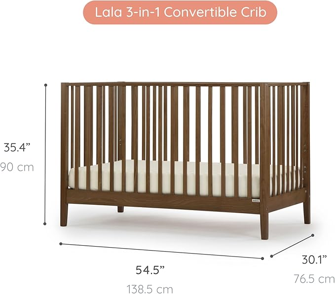 dadada LaLa 3 in 1 Convertible Crib - Converts into Toddler Bed & Daybed - Made in Italy - 3 Adjustable Mattress Heights - Solid Beech Wood (Walnut)