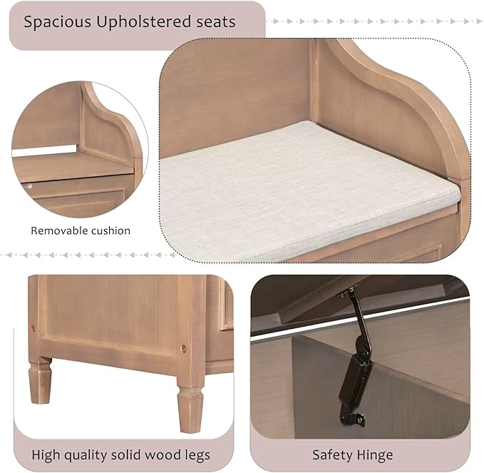 Merax Storage Bench, 41.9” Solid Wood Storage Chest with Backrest and Safety Hinge, Large Storage Space Bench with Upholstered Cushions,Supports 250 lb and Easy Assembly for Small Space, Brown