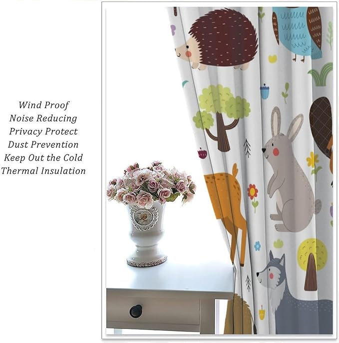 Forest Animals Kids Blackout Curtains Cartoon Cute Bear Deer Squirrel Owl Hedgehog Modern Art Print for Boys Girls Bedroom Living Room Nursery Rod Pocket Decoration Window Drapes 2 Panels W21xL54in
