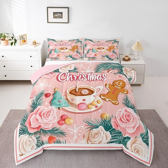Feelyou Christmas Tree Comforter Set All Season Gingerbread Man Bedding Set with 1 Pillow Cases Merry Christmas Microfiber Kids Toddler Bedclothes Xmas Bedroom Decor Duvet Quilt Soft Lightweight