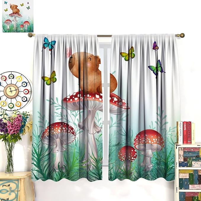 Cartoon Animals Curtains, Cute Butterfly Capybara Blackout Window Treatments, Rod Pocket Thermal Insulated Drapes 2 Panel Sets for Kids Bedroom Nursery Classroom, 63" W X 63" L
