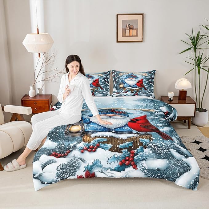 Kawaii Santa Claus Kids Bedding Set King Size,Poinsettia Cardinal Christmas Birds Comforter Set,Holly Berries Winter Snowflake Quilt Comforter,Blue Red Bedroom Duvet Insert,2 Pillowcases