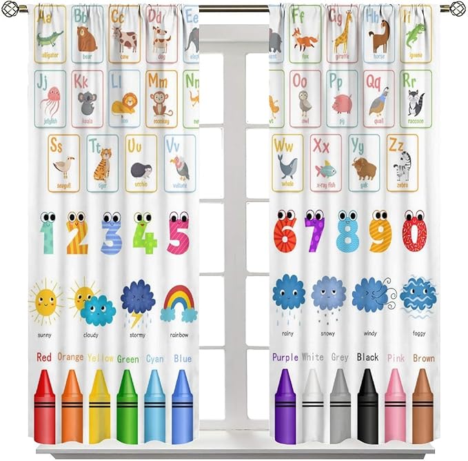 Kids Alphabet Curtains Cartoon Animal Funny Learning Colorful Educational Nursery Curtain with Rod Pocket for Bedroom Classroom Decor Drapes Window Treatments 2 Panels Set 84" W X 84" L