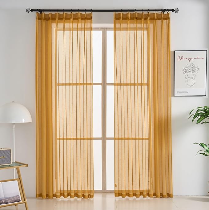 Mustard Gold Sheer Curtains 84 Inches Long 2 Panels, Textured Linen Look Pinch Pleated Drapes, Vintage Yellow Light Filtering Window Treatments, Sliding Glass Door Curtain Back Tab