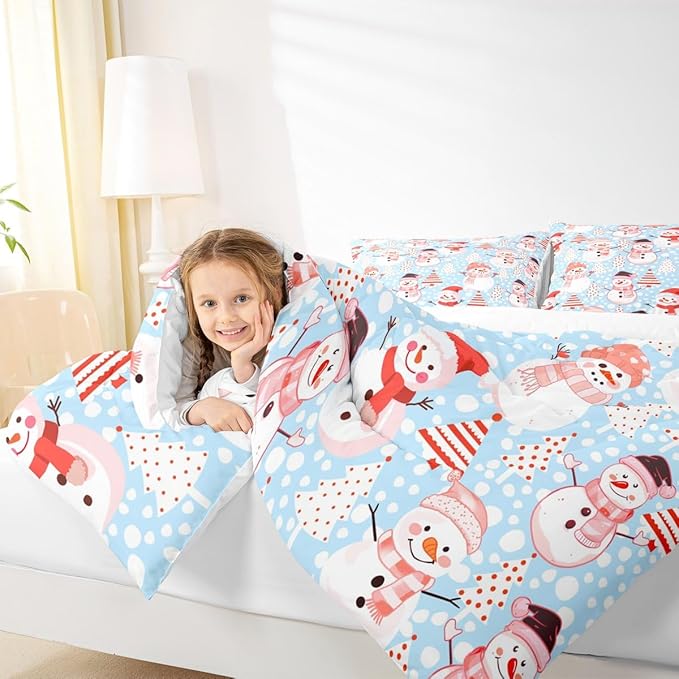 Manfei Christmas Comforter Set King Size, Snowman and Xmas Trees Bedding Set 3pcs for Kids Girls Adults Bedroom Decor, New Year Blue Down Comforter Soft Polyester Quilt Set with 2 Pillowcases