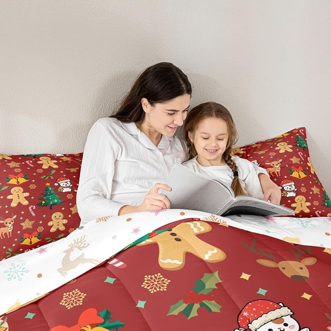 Feelyou Merry Christmas Comforter Set Toddler Size Gingerbread Man Bedding Set for Kids Boys Girls Cute Deer Duvet Quilt Christmas Tree Microfiber 2 Pcs with 1 Pillow Cases