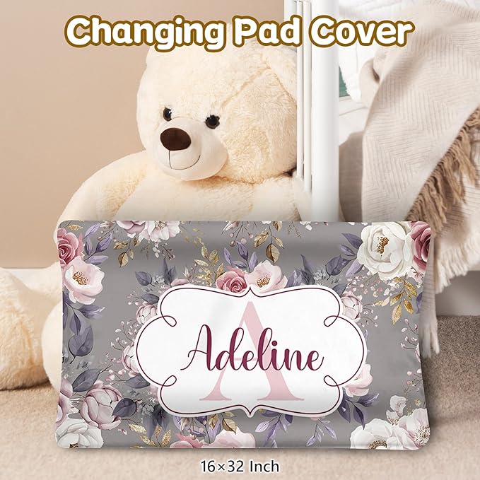 Custom Name Crib Bedding Set, 3 Pcs Personalized Baby Crib Bedding Set, Soft Rose Nursery Crib Sets for Boys Girls, Double Layer Toddler Bedding Set Customized Gifts for Newborn Kids