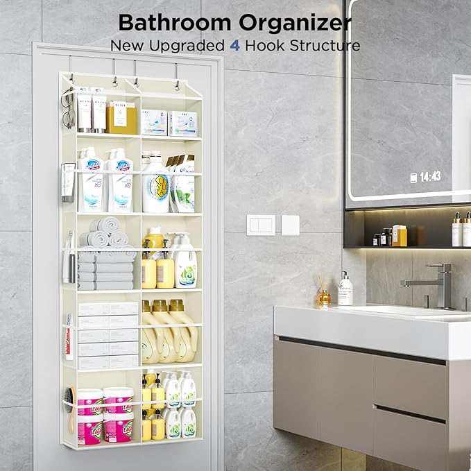 5-Tier Over The Door Organizer with 10 Side Mesh Pockets & Clear Windows, 80 lb Weight Capacity Hanging Storage for Bathroom, Bedroom, Nursery, Kitchen, Organizer Toys (Beige Clear wind 2 Pack)
