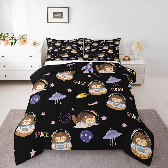 Castle Fairy Space Planet Boys Girls Comforter Set Full Size,Cartoon Hedgehog Astronaut Duvet Set Teens Bedroom Decor,Spaceship Starry Sky Microfiber Soft Bedding