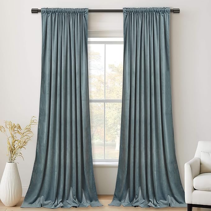StangH 90 inches Velvet Curtains Stone Blue - Back Tab Light Blocking Super Soft Curtains for Kids/Nursery Light Blue Luxury Cozy Backdrops for Study Room/Office/Bedroom,W52 x L90