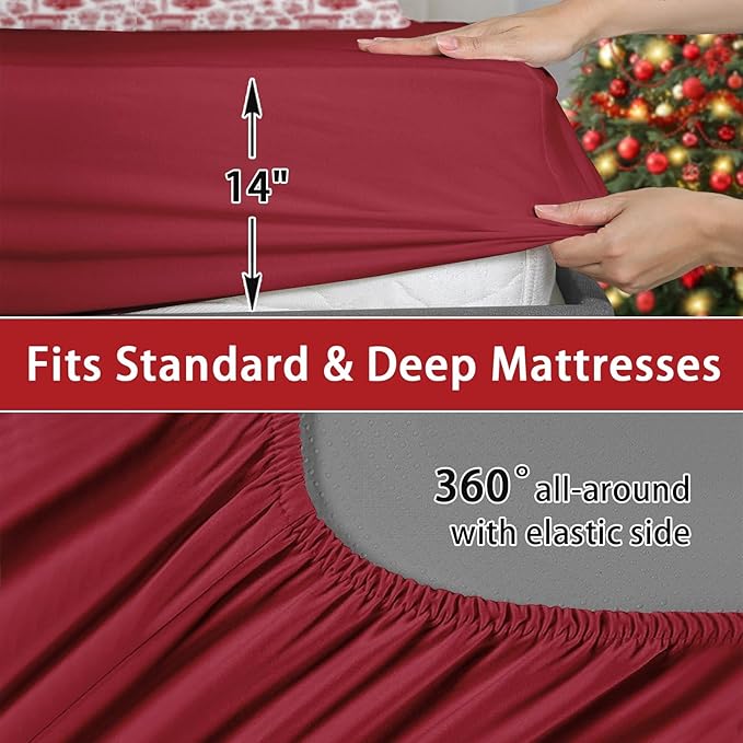 7 Pcs Queen Size Christmas Comforter Set with 2 Pillowcases & 2 Shams, Happy Xmas Red Pine Tree Bedding for Kids and Adults, Merry Winter Bed in a Bag with Flat Fitted Sheet