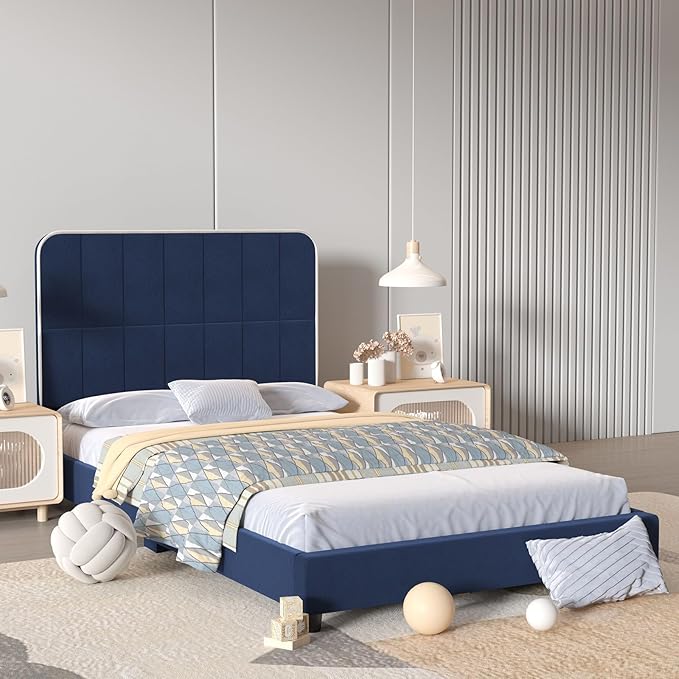 Toddler Beds,Upholstered Twin Bed Frames for Kids,Kids Bed with Adjustable Height Headboard,Girl Twin Bed Frame for Fits Standard Mattress(75" Wx39 D)(Blue)