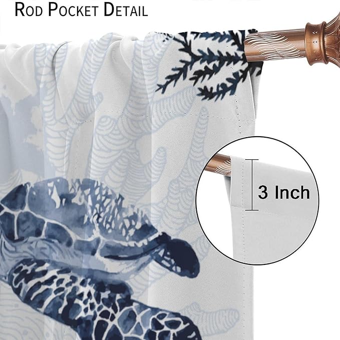 Coastal Nautical Curtains, Turtle Beach Sea Seashell Theme Pattern Blackout Print Home Bedroom Living Room Window Treatmen 2 Panel Set 42x63 Inch