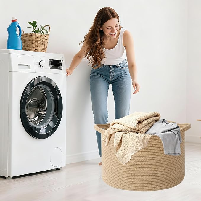 Large Blanket Basket for Organizing,115L Closet Organizers and Storage Bins Box for Shelves Woven Rope Storage Baskets,Living Room,Bedroom,Dorm,Laundry room (Camel)