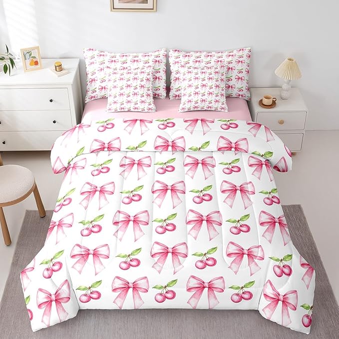 7 Pieces Pink Bowknot Kids Comforter Twin,Cherry Tropical Fruit Cartoon Bedding Set,Bow Tie Butterfly Knot Princess Dreamy Fashion（Comforter+Fitted+Flat Sheet+2 Pillowcases+2 Throw Pillow Covers）