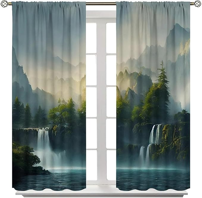 Landscape Theme Waterfall Blackout Curtains, Waterfall Mountains Jungle Printed Natural Scenery Window Drapes, for Bedroom Living Room 84" W X 84" L