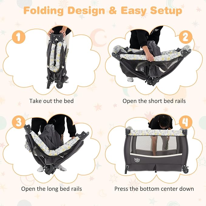 BABY JOY 4 in 1 Pack and Play, Portable Baby Playard with Bassinet & Flip-Away Changing Table, Canopy, Infant Bassinet Activity Center with Storage Basket, Oxford Bag from Newborn to Toddlers
