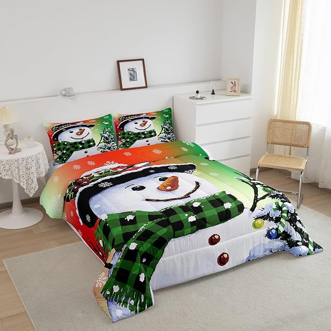 Feelyou Kids Christmas Theme Decorations Bedding Set Xmas Snowman Comforter Set for Boys Girls Snowflake Kawaii Cute Comforter Orange Red Green Quilt Set Bedroom Collection Toddler Size