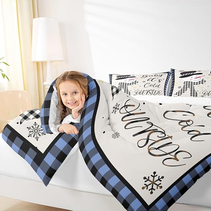 Christmas Snowman Kids Comforter Set Queen Size,Snowflake Christmas Holiday Bedding Set,Girls Boys Adults Xmas Decor,Geometric Grids Lattices Down Comforter,Blue Rustic Duvet Insert,2 Pillowcases