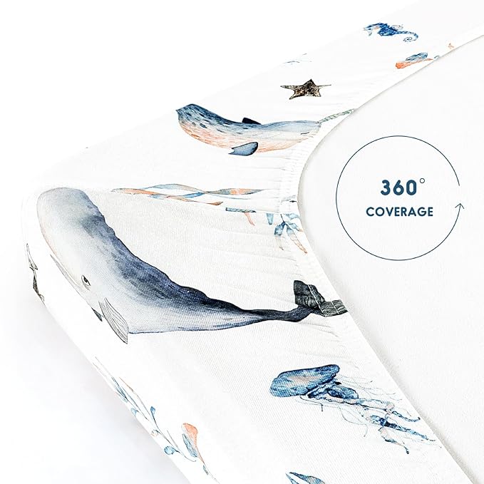 Stretchy Ultra Soft Jersey Knit Fitted Pack n Play Sheets Set 2 Pack, Portable/Mini Crib Sheets for Girls, Universal Fit for Pack N Plays Safe and Snug, Cute Sea Fish Print