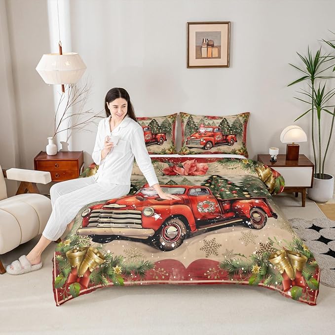 Manfei Red Truck Comforter Set Twin Size, Xmas Trees Santa Claus Snowflake Bedding Set 2pcs for Kids Boys Girls Room Decor, Christmas Theme Down Comforter New Year Quilt Set with 1 Pillowcase