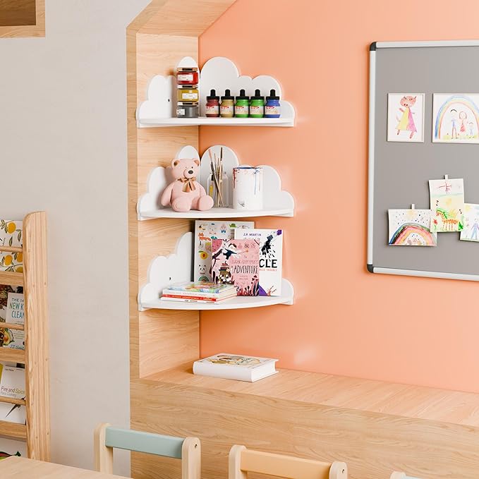 Cloud Floating Corner Shelves - Set of 3 Cloud Corner Wall Shelves for Kid’s Room, White Floating Shelf Nursery Wall Deor, Small Cute Clouds Dispaly Shelf for Toys, Plants & Storage.