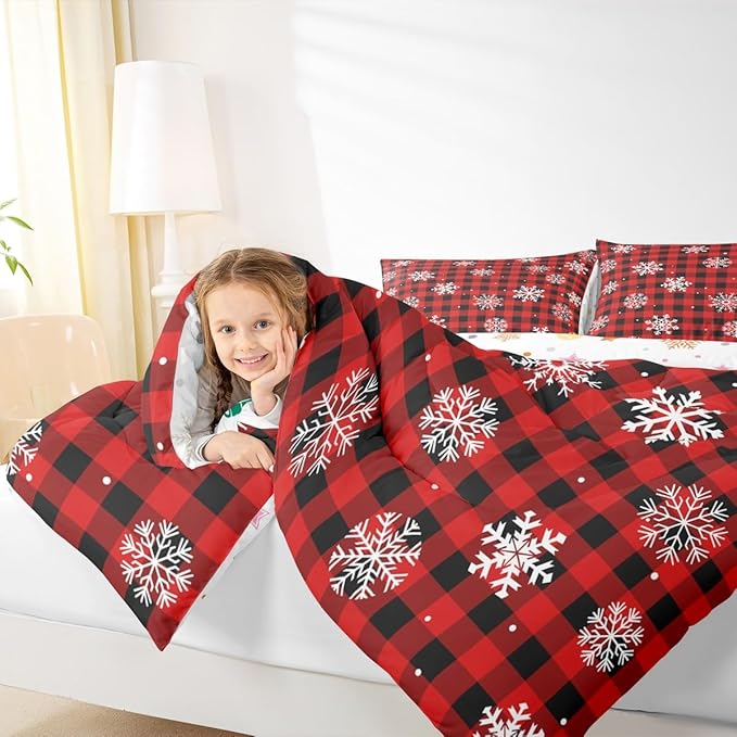 Feelyou Christmas Kids Comforter Set Toddler Size Snowflake Red Bedding Set Red Black Plaid Duvet Quilt for Kids Boys Girls Bedroom Winter Snow Decor Microfiber Ultra Soft Breathable