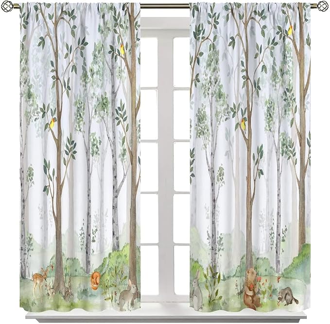 Kids Animal Curtains, Watercolor Natural Forest Animal Hedgehog Fox Butterfly Rabbits Forest Print Curtain Boys and Girl Bedrooms 63x63in