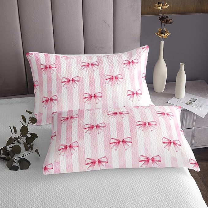 Pink Bowknot Kids Bedspread Queen Size,Bow Tie Geometric Stripe Coverlet Set,Girls Women Room Decor,Butterfly Knot Princess Style Fashion Quilted Coverlet,Pink Romantic Bedding Quilt,2 Pillowcases