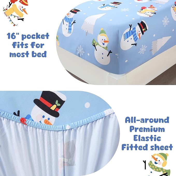 LONAVA Winter Twin Kids Comforter Set - 4 Pieces Twin Bedding Sets for Boys Girls Children, Ultra Soft Microfiber Bed in A Bag with Flat Fitted Sheets, Snowman