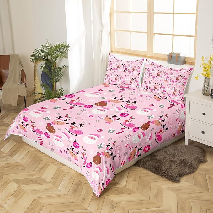 Manfei Christmas Duvet Cover Set King Size, Santa Claus and Reindeer Comforter Cover with 2 Pillowcases, New Year Pink Bedding Set 3pcs for Kids Girls Adult Lightweight Bedspread Cover,No Comforter