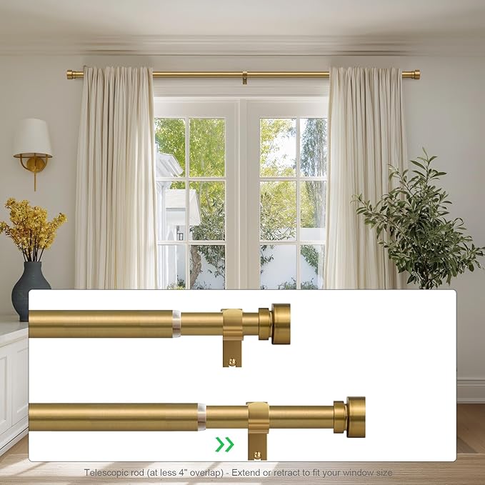 Brass Curtain Rods for Windows 72 to 144 Adjustable Modern Gold Curtain Rod 1 inch Diameter Heavy Duty with Solid Metal Finials for Living Room Bedroom Farmhouse Outdoor Patio
