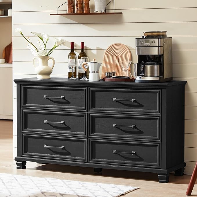 Farmhouse Bedroom Dresser and Nightstand Set of 4, 6 Drawer Tall & Low Dresser & 3 Drawer Nightstand Set with Wooden Legs, Rustic Wood Furniture Sets for Bedroom, Hallway, Black