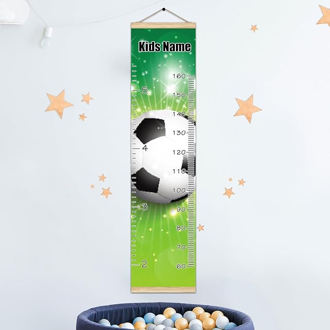Personalized Kids Name Growth Chart Ruler for Wall Wood Frame Height Measure Chart 13.4x56 in Linen Hanging Height Growth Chart Football Soccer Kids Room Decor