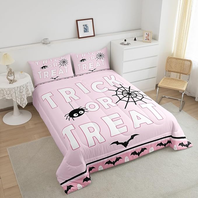 Erosebridal Happy Halloween Comforter Set Toddler Size Spider Web Bedding Set Bat Ghost Quilt for Kids Boys Girls Teens Cartoon Style Bedding Comforter Sets with 1 Pillow Case