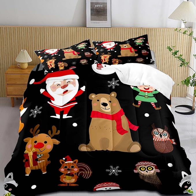LUVIVIHOME 3PCS Merry Christmas Comforter Set King Size, Boys Girls Kids Bedding, Black Quilt, Funny Cute Cartoon Santa Claus Elf Owl Elk Reindeer Squirrel Xmas Christmas Bedroom Decor, 2 Pillow Shams