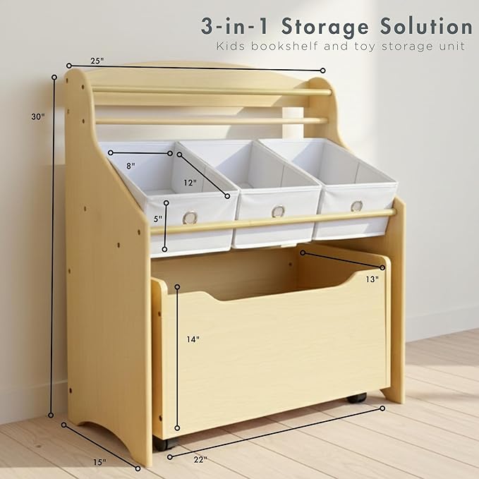 Humble Crew 3-in-1 Kids Bookshelf and Toy Storage Organizer, Natural/White - Toddler Organizers with Rolling Toy Box and 3 Fabric Bins – Sturdy Baby Book Shelf, Perfect for Nursery and Playroom