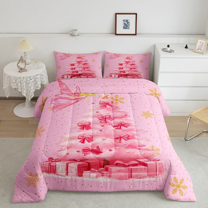 Erosebridal Xmas Tree King Bedding Sets Merry Christmas Comforter Sets for Kids Boys Girls Teens Snowflake Decorations Down Comforter Princess Bow Pink Decor Duvet Insert