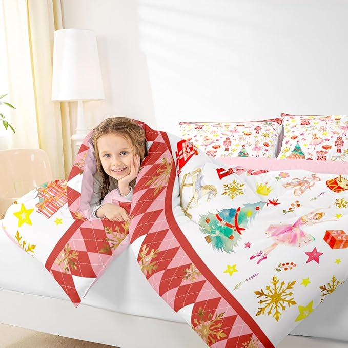 Feelyou Christmas Comforter Set All Season Ballet Nutcracker Bedding Set with 2 Pillow Cases Snowflake Kids Full Bedclothes Bedroom Decor Duvet Quilt Breathable Soft Lightweight