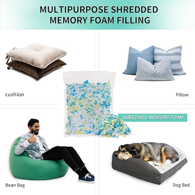 12lbs Shredded Memory Foam Bean Bag Filler, Soft and Convenient Bean Bag Filling Pillow Stuffing for Beanbag, Couch, Cushion, Stuffed Animals, Dog Bed, Arts Crafts