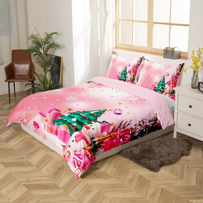 Christmas Bedding Set Kids Christmas Tree Snowman Xmas Theme Comforter Cover Set for Boys Girls Snowflake Duvet Cover Breathable Luxury Gift Boxes Bedspread Cover Room Decor Quilt Cover Twin Size