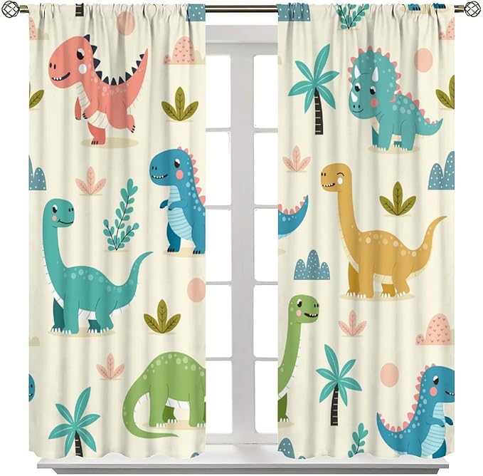 Fun Dino Curtains, Cute Colorful Dinosaur Pattern Blackout Window Treatments, Rod Pocket Thermal Insulated Drapes 2 Panel Sets for Children Boys Bedroom Nursery Classroom, 42" W X 63" L