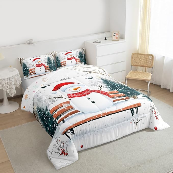 Feelyou Merry Christmas Comforter Set Toddler Size Cute Snowman Bedding Set for Kids Boys Girls Snowflake Duvet Quilt Christmas Tree Bedroom Decor Microfiber 2 Pcs with 1 Pillow Cases