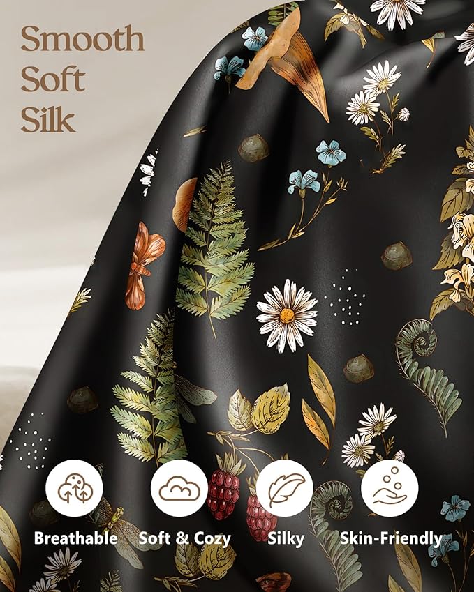 Silk Pillowcase 2 Pack - Cute Pillow Cases 20" x 26" Standard Size Set of 2 for Hair and Skin Smooth Soft Breathable with Hidden Zipper Cooling Pillow Covers for Sleeping, Mushroom Plants