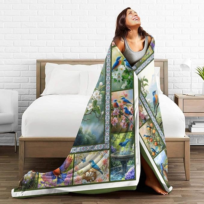 Blue Hummingbirds Blanket Moutain Flowers Bird Throw Blankets Gifts for Girls Boys Women Cozy Warm Soft Fuzzy Flannel Throw Plush Stuffed Animal Fleece Gifts for Kids Men Women for Sofa Bed 50" x60"
