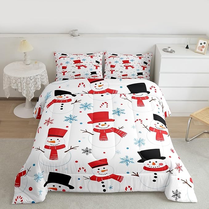Feelyou Merry Christmas Comforter Set All Season Snowman Bedding Set with 1 Pillow Cases Winter Holiday Microfiber Kids Twin Bedclothes New Year Gift Bedroom Decor Duvet Quilt Soft Lightweight