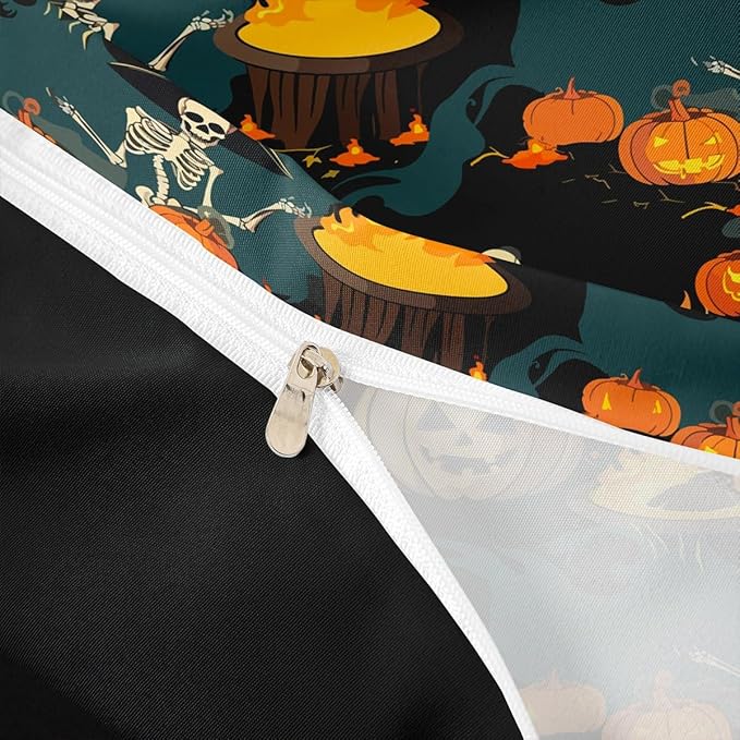 Feelyou Halloween Bedding Set for Kids Horror Skull Skeletons Comforter Cover Set Ghost Duvet Cover Pumpkin Lantern Bats Pattern Bedroom Decor Bedspread Cover King Size Bedding Collection 3Pcs