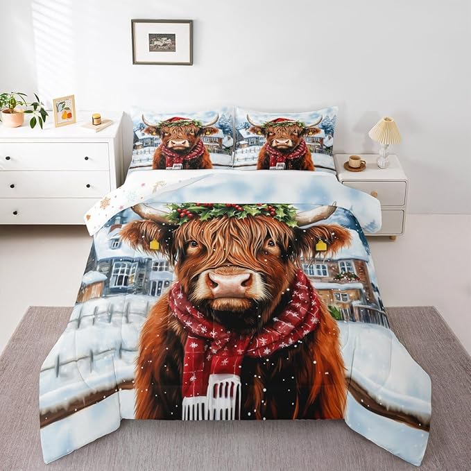 Feelyou Merry Christmas Bedding Set Soft for Boys Girls, Highland Cow Comforter Set King Size Snowflake Duvet Quilt Microfiber Winter Bedroom Decor 3 Pcs with 2 Pillow Cases
