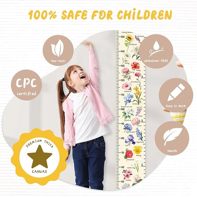 Personalized Name Height Chart for Kids, Kids Growth Chart for Wall, 59" X 7.9" Canvas Removable Height Chart Measuring Ruler for Kids & Baby(Paint Flowers-1）