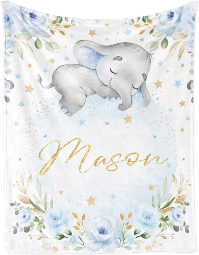 Personalized Elephant Blanket with Name for Boy, Custom Name Blanket for Kids, Soft Flannel Blue Elephant Toddler Blanket Customized Gift for Birthday Christmas Children Day 40x50inch